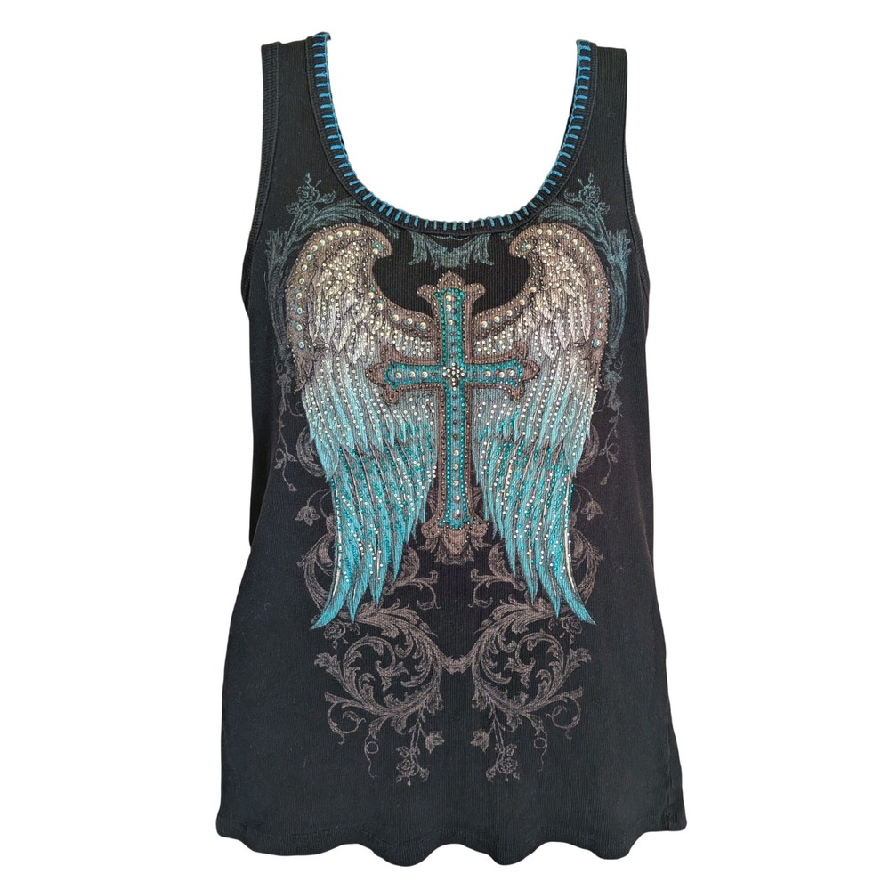 Voice of California Tank Top 3XL Y2K Rhinestone Angel Wing Cross Grunge Sleaze